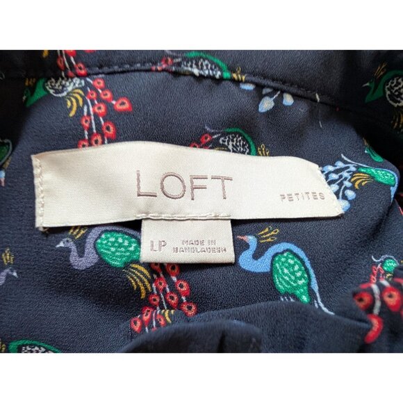 Loft Petite Womens Peacock Print Button-Up Blouse With Ruffle Collar & Cuffs LP - Picture 6 of 8